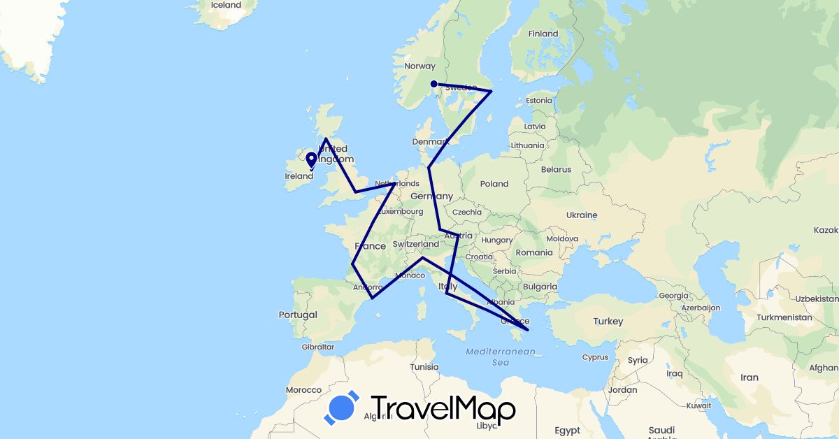 TravelMap itinerary: driving in Austria, Germany, Denmark, Spain, France, United Kingdom, Greece, Ireland, Italy, Netherlands, Norway, Sweden (Europe)